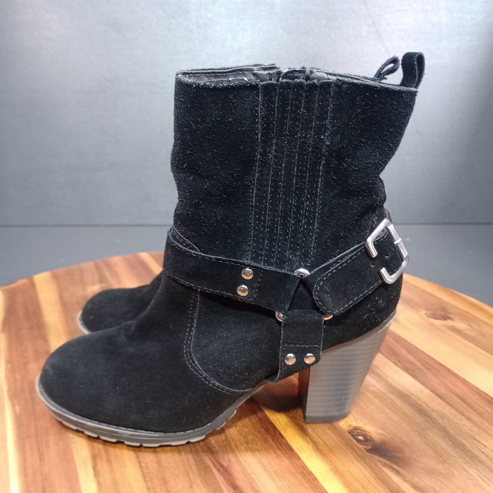 Eddie Bauer Madison Boots Womens Sz 7.5 M Black Suede Harness Western Biker Moto